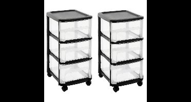 2x stuks ladenkast organizers zwart A4 3x lades met wieltjes L32 x B37 x H61 cm