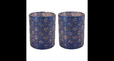 2x stuks luxe theelichthouder/kaarsenhouder - nachtblauw/goud - glas - D8 x H10 cm