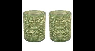 2x stuks luxe theelichthouder/kaarsenhouder - olijfgroen/goud - glas - D7 x H8 cm