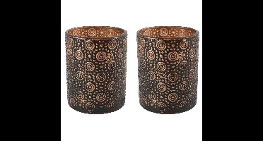 2x stuks luxe theelichthouder/kaarsenhouder - zwart/brons - glas - D7 x H8 cm