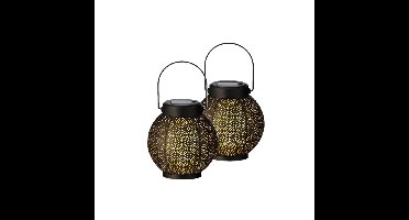 2x stuks solar lantaarn met cirkel patroon metaal zwart 16 cm