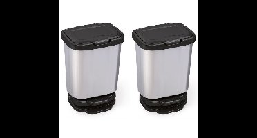 2x Zilver/zwarte pedaalemmers/vuilnisbakken 45 cm 20 liter
