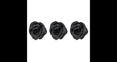 3x stuks decoratie bloemen roos zwart glitter op clip 15 cm