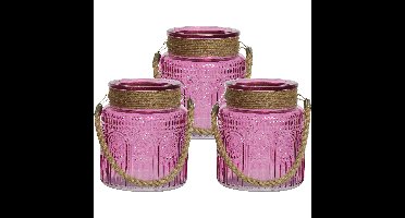 3x stuks windlichten/lantaarns relief - glas - D14 x H16 cm - fuchsia roze