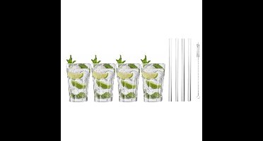 4x Cocktailglazen / Mojito glazen transparant 410 ml met glazen rietjes