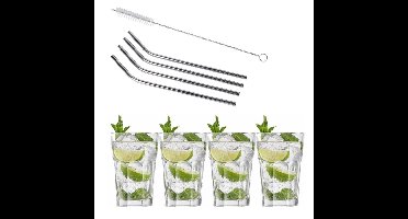 4x Cocktailglazen / Mojito glazen transparant 410 ml met RVS rietjes
