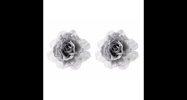 6x Kerstboomversiering bloem op clip zilver/wit kerstbloem 18 cm