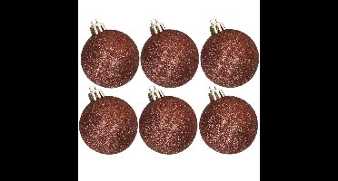 6x stuks kunststof glitter kerstballen donkerbruin 8 cm