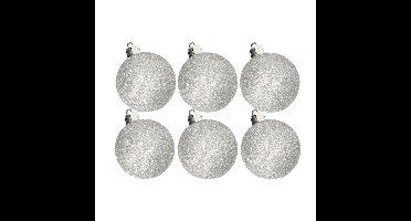 6x stuks kunststof glitter kerstballen zilver 6 cm