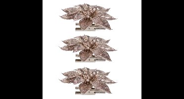 8x stuks decoratie bloemen kerstster roze glitter op clip 9 cm
