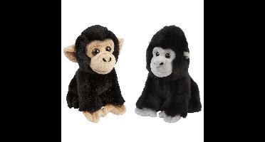 Apen serie zachte pluche knuffels 2x stuks - Gorilla en Chimpansee aap van 18 cm