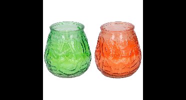 Arti Casa 4x stuks citronella Lowboy tafelkaarsen - 10 cm - oranje en groen glas