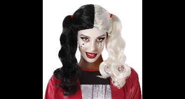 Atosa Halloween verkleedpruik lang haar met staartjes - zwart/wit - dames