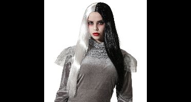 Atosa Halloween verkleedpruik lang haar - zwart/wit - dames - Zombie/Spook/Heks
