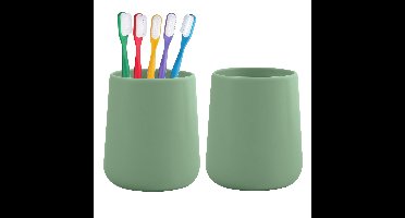 Badkamer beker / tandenborstelhouder Earth Serie - 2x - Keramiek - groen - 8 x 10 cm