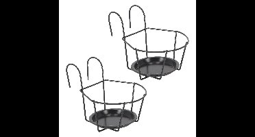 Balkon bloempothouder - 3x - bloembak met ophanging - zwart metaal - 18 x 23 x 16 cm - rond