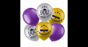 Ballonnen geslaagd thema - 18x - goud/zilver/paars - latex - 33 cm - diploma examenfeest versiering