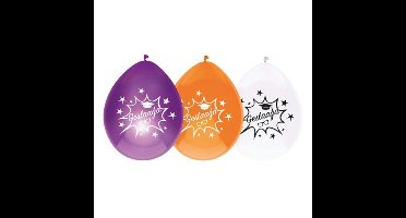 Ballonnen geslaagd thema - 8x - oranje/wit/paars - latex - 27 cm - diploma examenfeest versiering