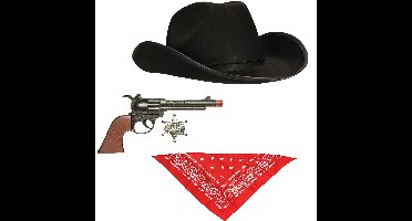 Boland - Carnaval verkleed set - cowboyhoed zwart - rode zakdoek - en pistool