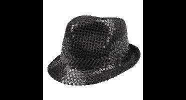 Boland Carnaval verkleed trilby hoedje - pailletten - Zwart - volwassenen - Glitter and Glamour