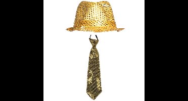 Boland Party carnaval verkleed setje - hoedje en stropdas - Goud glitters - Verkleedkleding
