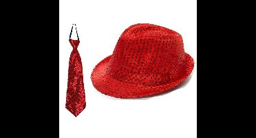 Boland Party carnaval verkleed setje - hoedje en stropdas - Rood glitters - Verkleedkleding