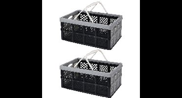 Boodschappenkrat met handgrepen - 2x - 32 liter - zwart/grijs - inklapbaar - kunststof