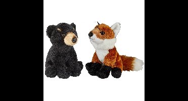 Bosdieren zachte pluche knuffels 2x stuks - Vos en Zwarte Beer van 15 cm