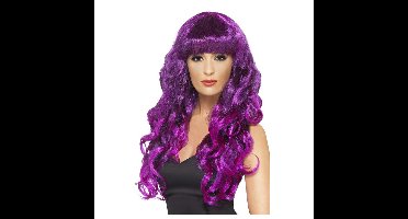 Carnaval verkleed pruik voor dames - paars - lang haar met krullen - Heksenpruik - Halloween