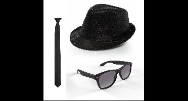Carnaval verkleed set glitter hoed/stropdas/party bril zwart