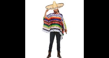 Carnaval verkleed set Mexicaan - gekleurde one size poncho - Sombrero hoed naturel dia 60 cm
