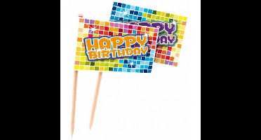 Cocktailprikkers Happy Birthday - 24x - 6,5 cm - prikkers - feestprikkers - verjaardag