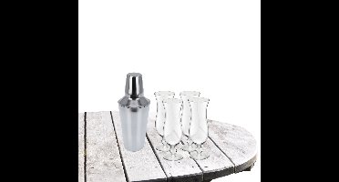 Cocktailshaker met 4x Cocktailglazen Hawaii transparant 440 ml