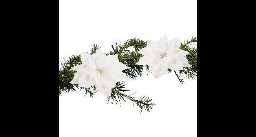 Cosy & Trendy Kerstboomversiering - 2x stuks - witte besneeuwde bloem - 15 cm - op clip