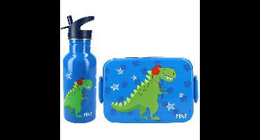 Crazy Dino lunchbox set voor kinderen - 2-delig - blauw - kunststof/rvs