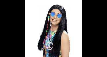 Dames Flower Power Hippie Sixties verkleed set pruik en bril en peace ketting