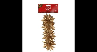 Decoratie bloemen - op clip - 4x - goud - 9,5 cm - kunststof - kerstbloemen