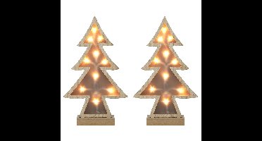 Decoratie kerstboom - 2x - hout - met LED verlichting - H30 cm - 10 lampjes