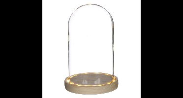 Decoratie stolp - glas - houten plateau - LED verlichting - D14 x H21,5 cm