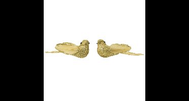 Decoris decoratie vogels op clip - 2x st - goud - 4 x 11 x 4,5 cm - foam