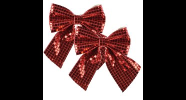 Decoris Kerst strik - 2x - rood - pailletten - 20 x 24 cm - polyester