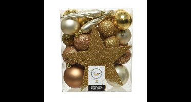 Decoris kerstballen set - 34-dlg - goud/champagne/bruin - incl. piek - kunststof - kerstversiering