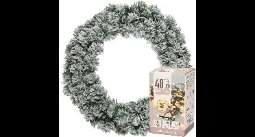 Decoris Kerstkrans - groen met sneeuw - verlichting warm wit 4m