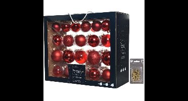 Decoris Kerstversiering set - 42 kerstballen - rood - glas - 5-7 cm - met gouden kerstbalhaakjes