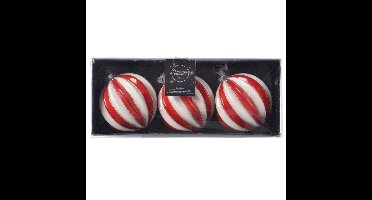 Decoris Luxe kerstballen - 3x - rood/wit gestreept - D8 cm - glas - glitter - brass
