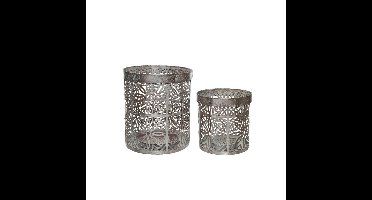 Decoris Waxinelicht houders set - 2x - metaal - grijs - bloemenpatroon - Windlichtjes - kaarsenhoude