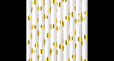Drinkrietjes - papier - 20x - wit/goud hartjes - 19,5 cm - rietjes