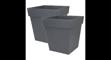 EDA Bloempot Toscane vierkant - 2x stuks - kunststof - donkergrijs - L39 x B39 x H39 cm - 38L - plan