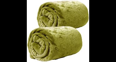 Enzo Fleece dekens/plaids 2 stuks 130 x 180 cm - mos groen
