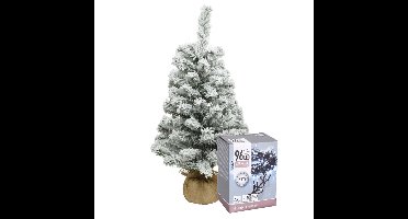 Everlands Mini kerstboom - 60 cm - met sneeuw - en kerstverlichting - helder wit